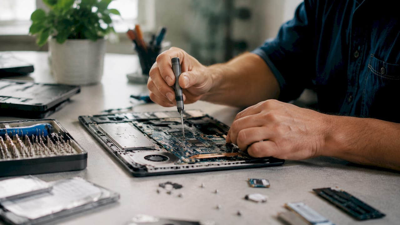 Unas manos trabajan desarmando un aparato electrónico sobre una mesa de taller.
