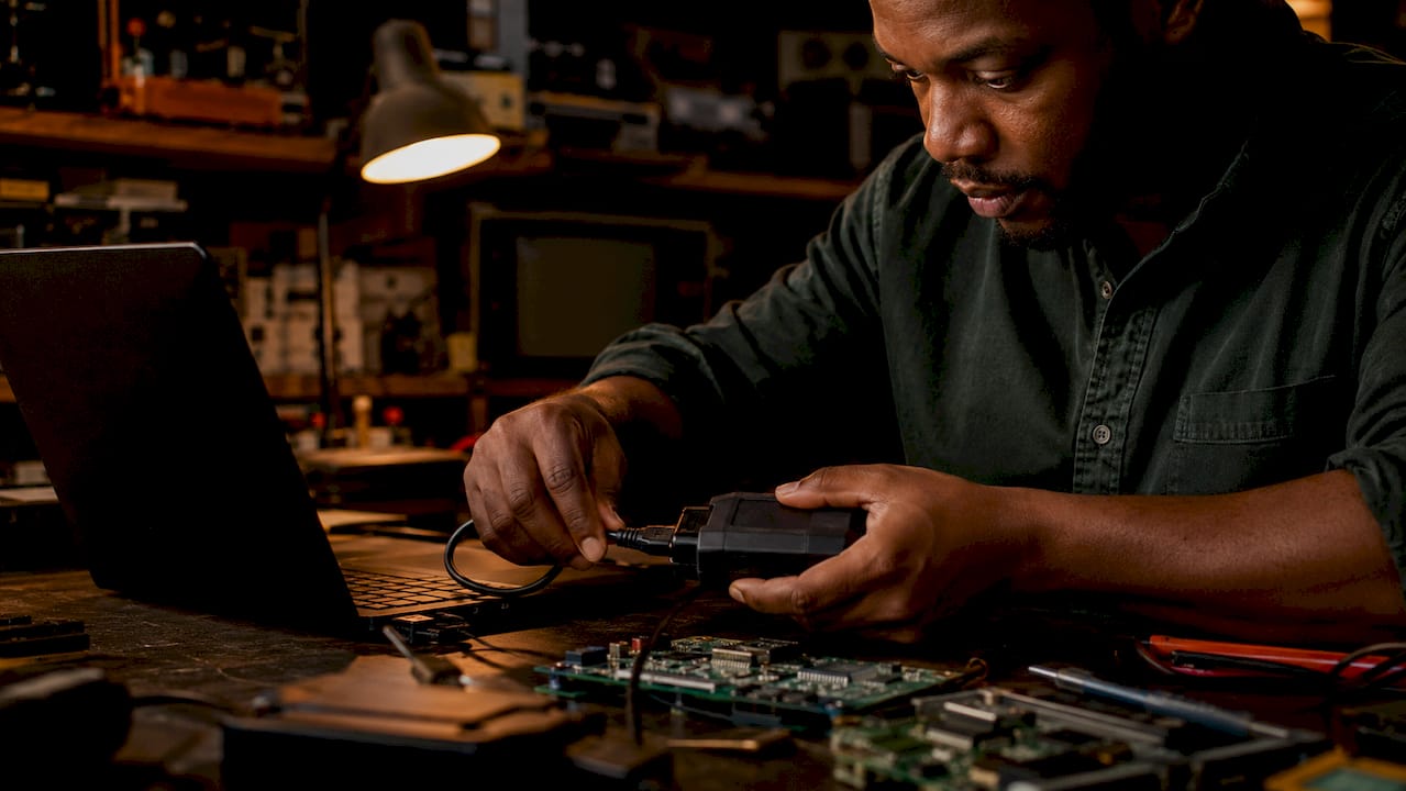 Technician connecting diagnostic tool to laptop