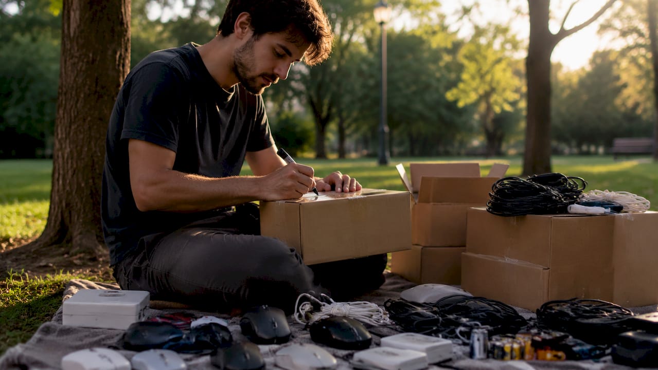 Personas colocando etiquetas en cajas de residuos electrónicos dentro de la oficina.