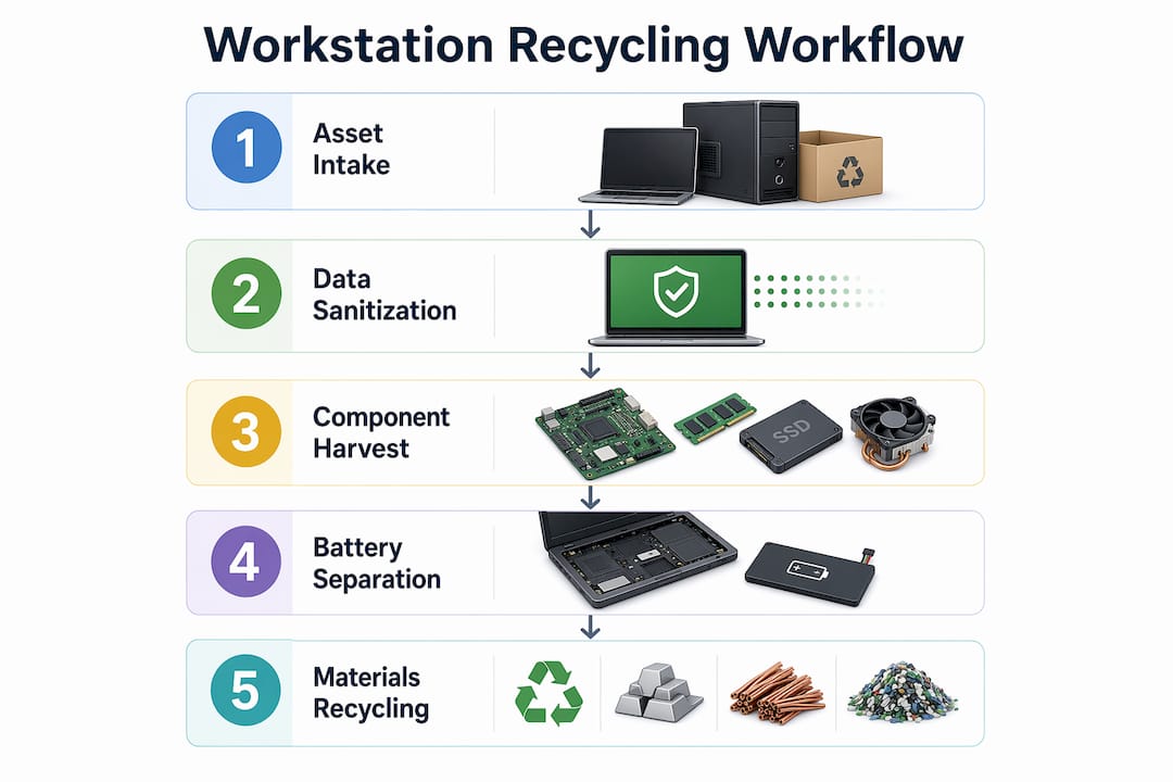 Infographic outlining five stages of workstation recycling workflow