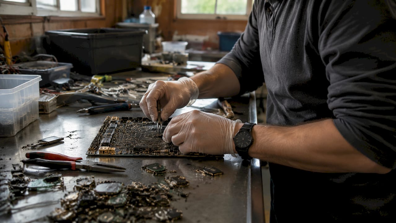 Hands disassembling circuit board for metal recovery