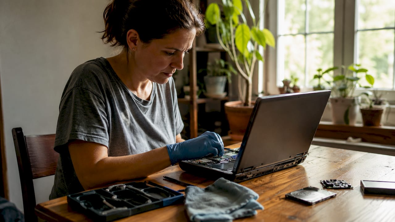 Hands inspecting refurbished laptop device