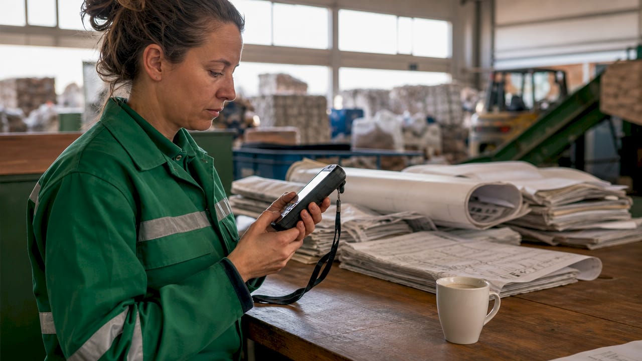 Hands holding GPS tracker over recycling maps