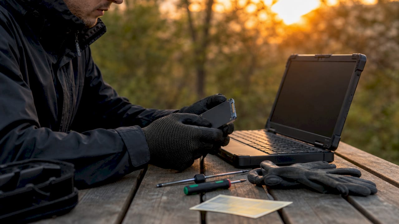 Manos alistando una unidad SSD para realizar un borrado seguro mediante cifrado