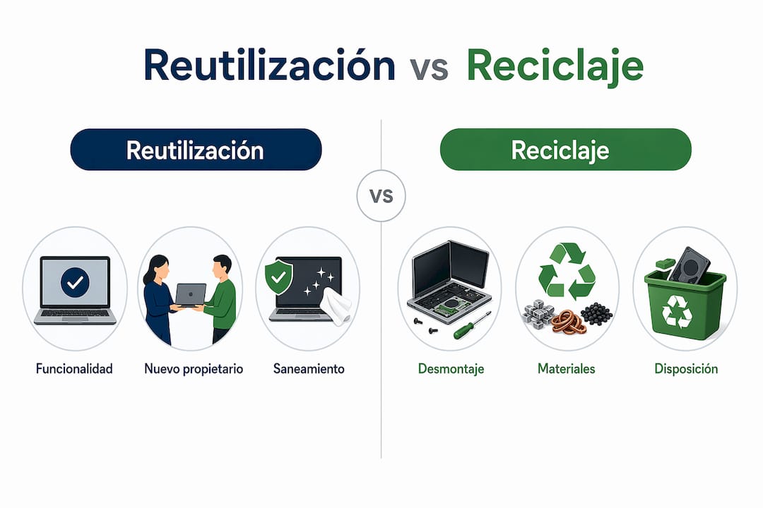 Infografía que muestra las diferencias entre reutilizar y reciclar dispositivos electrónicos