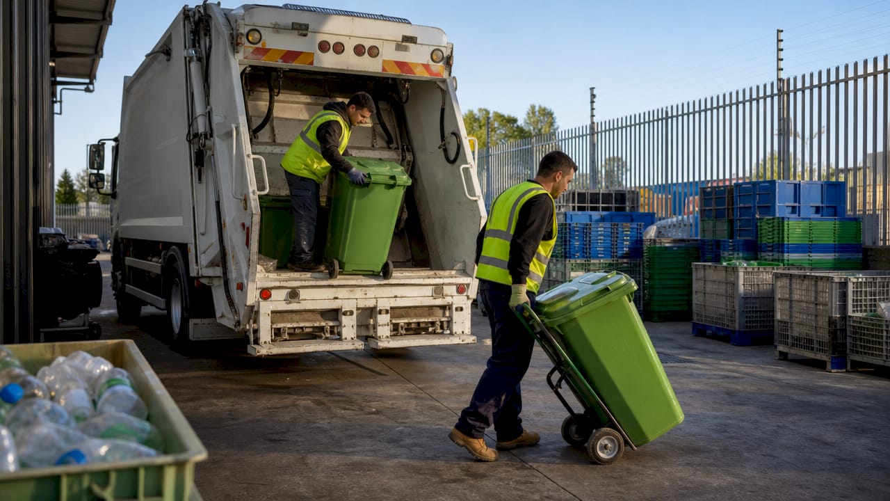 Workers loading recycling bins onto truck