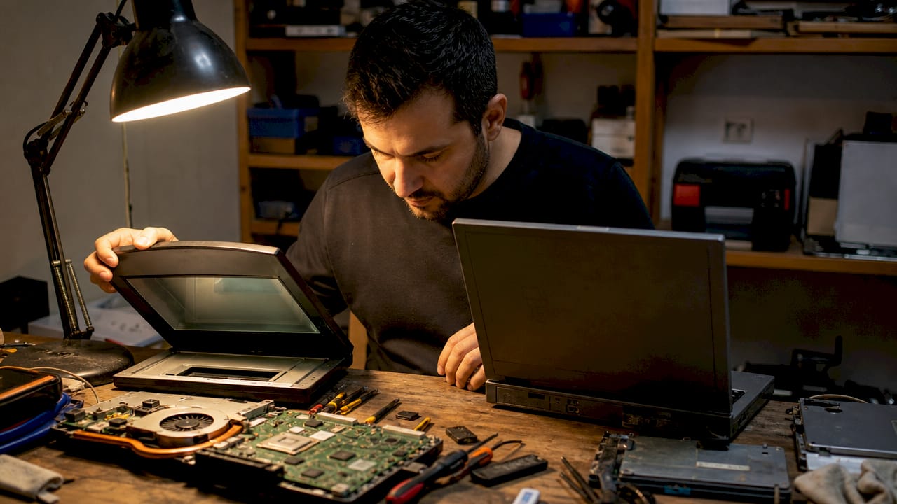 Manos revisando un portátil durante un diagnóstico informático