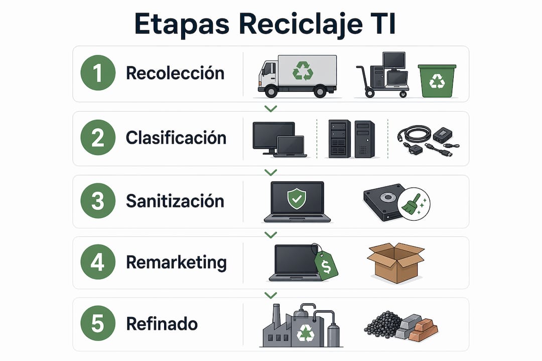 Infografía en formato vertical que muestra las diferentes fases del reciclaje de equipos tecnológicos