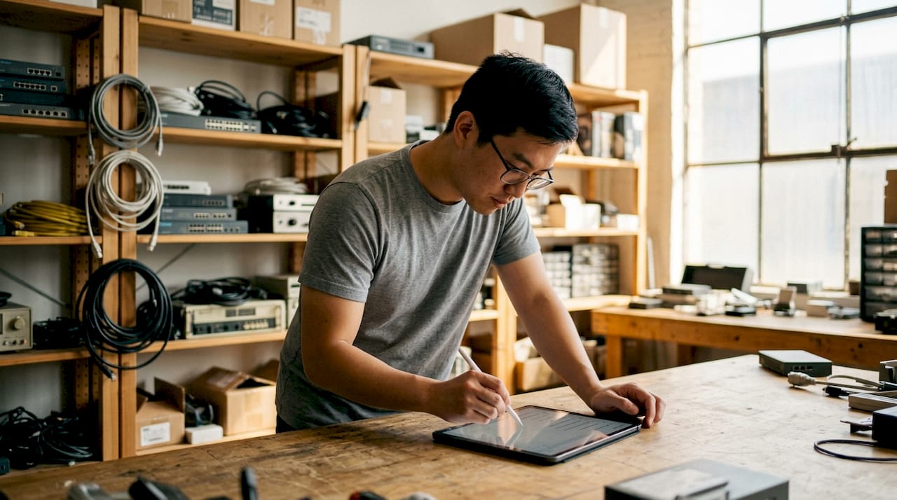 Hands using tablet for equipment inventory near networking gear
