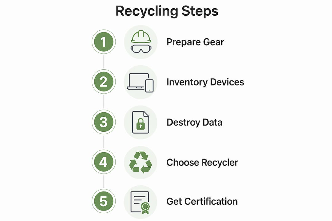 Infographic illustrating the step-by-step networking gear recycling process