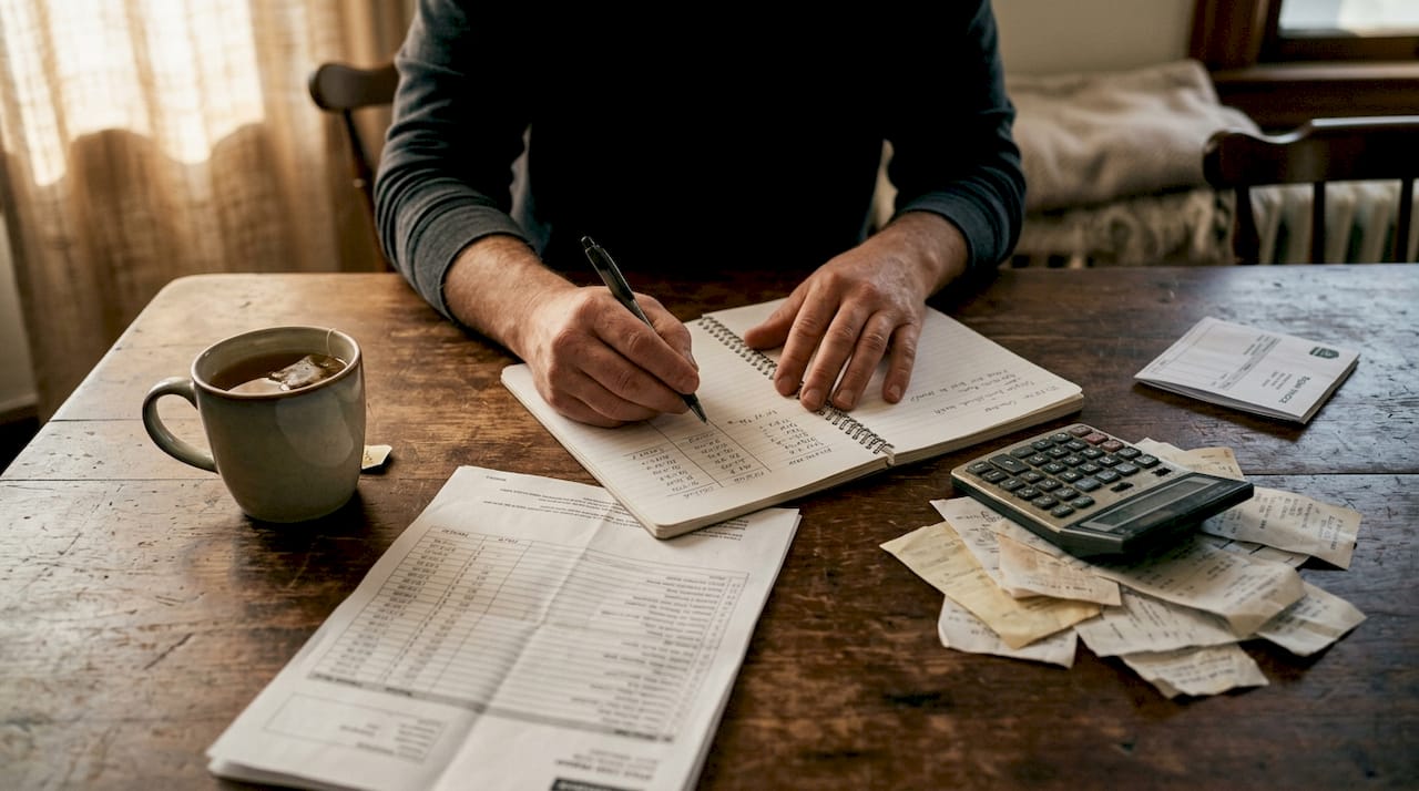 Hands calculating repair costs at desk workspace