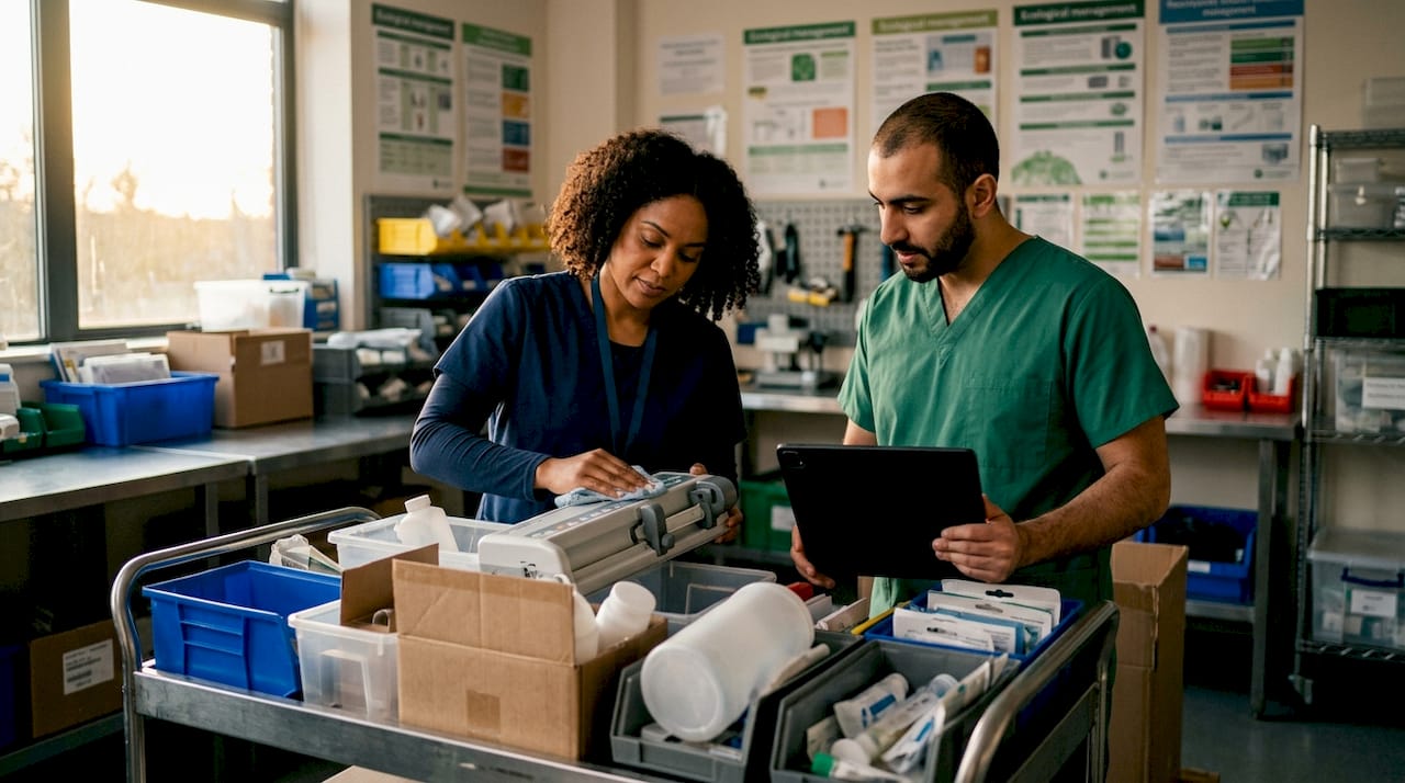 Personal técnico del hospital trabajando con materiales reciclados