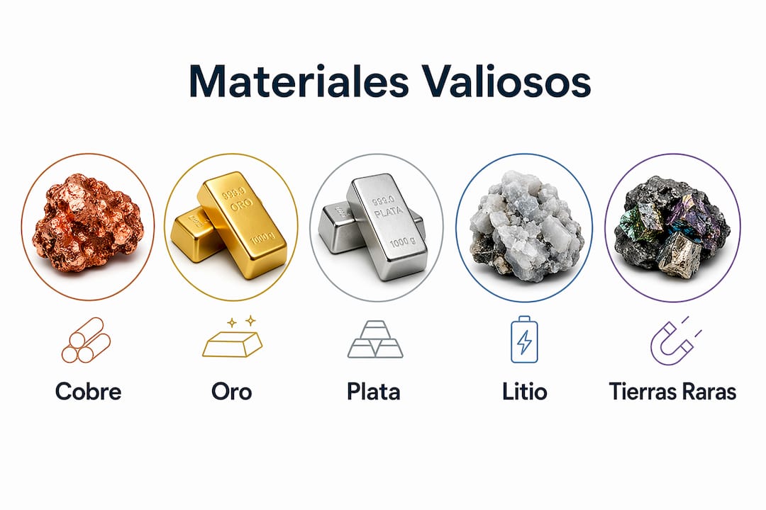 Infografía sobre los materiales más valiosos que se pueden recuperar a través de la minería urbana.