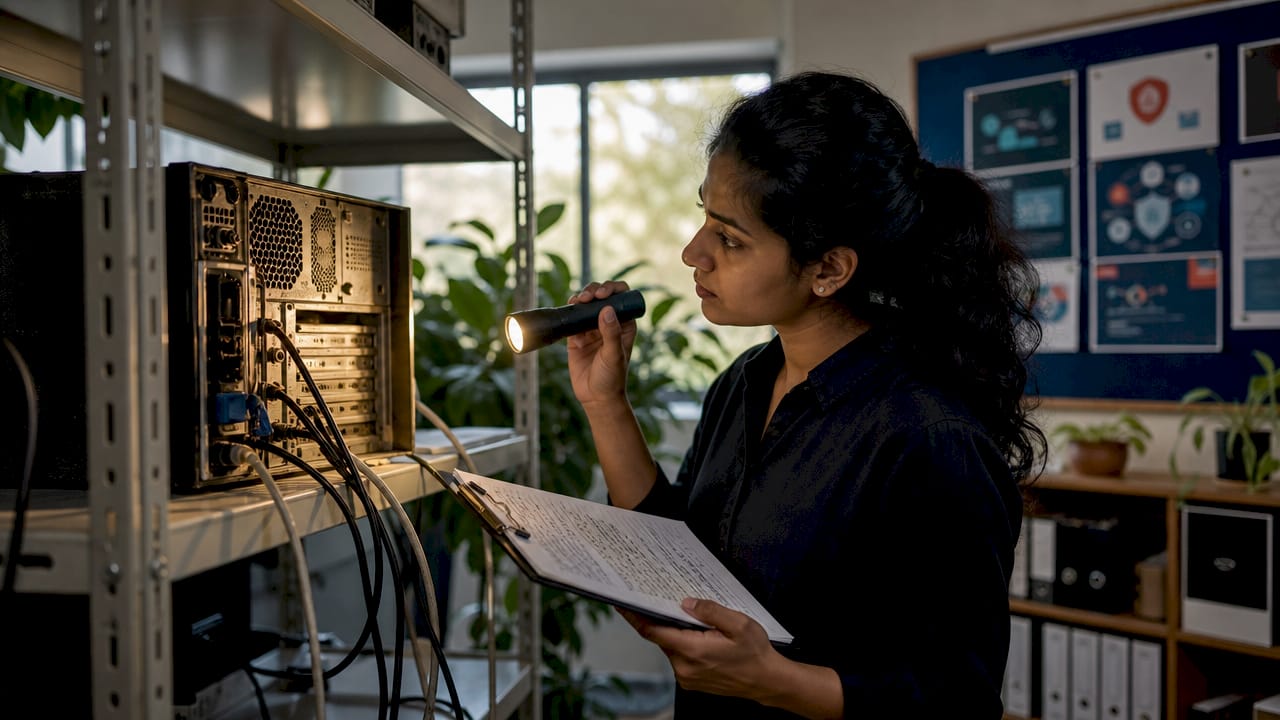 Cybersecurity analyst inspecting old server hardware