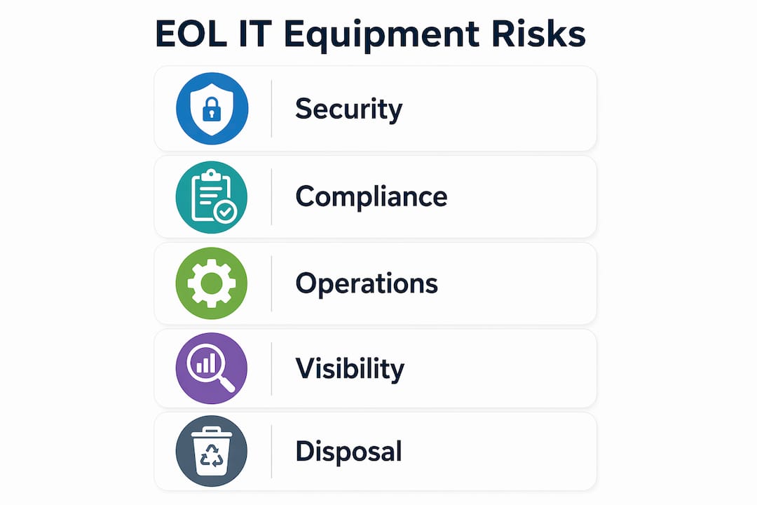 Infographic illustrating key risks of end-of-life IT equipment management