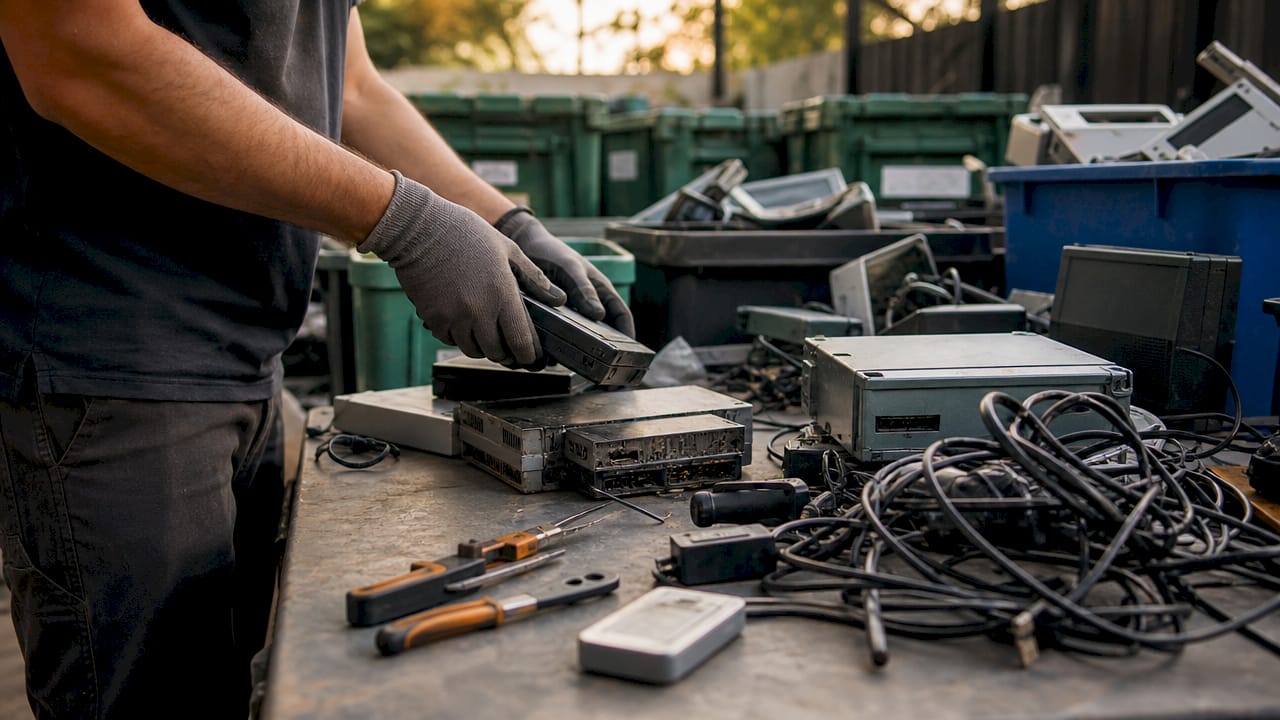 Clasificación manual de residuos electrónicos en un taller