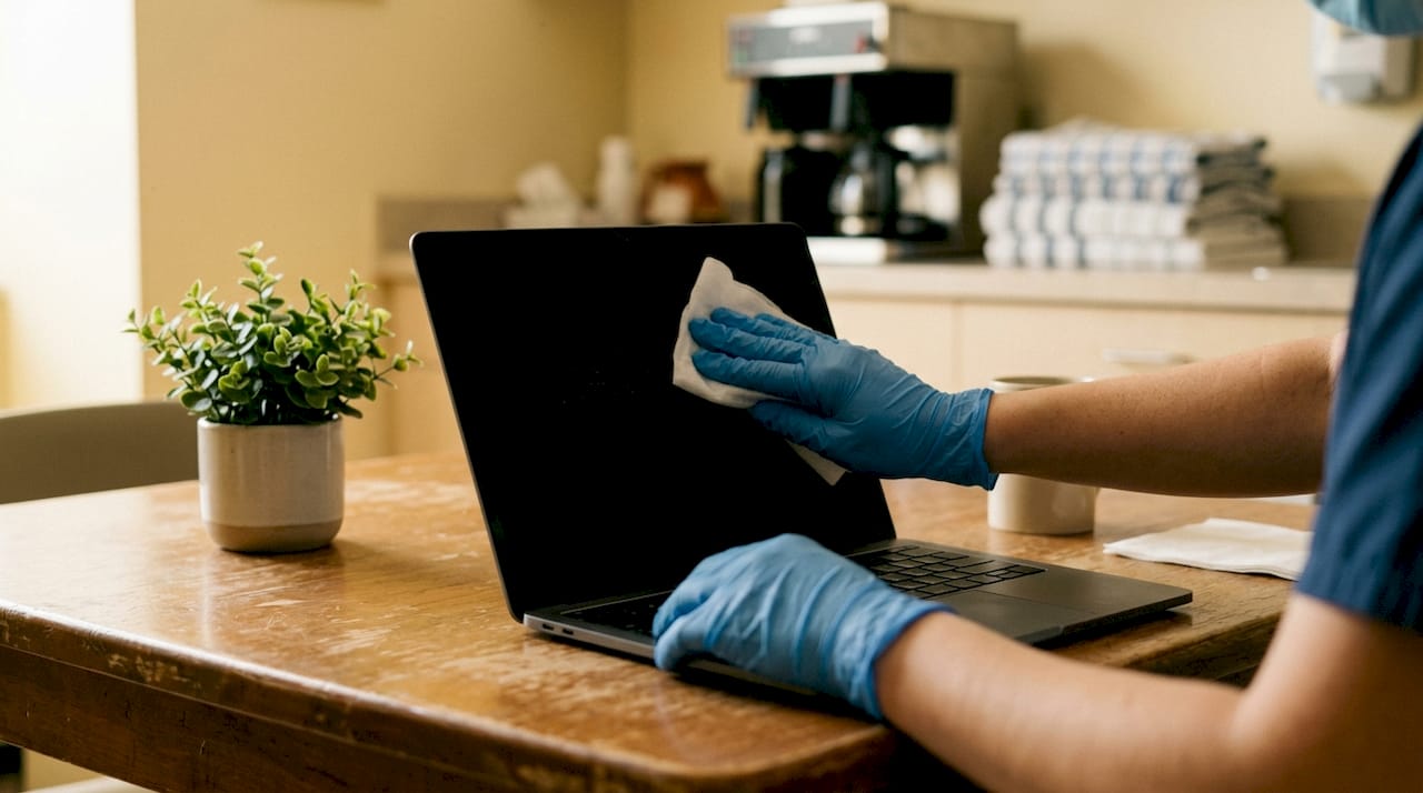Gloved hands sanitizing electronic device in hospital
