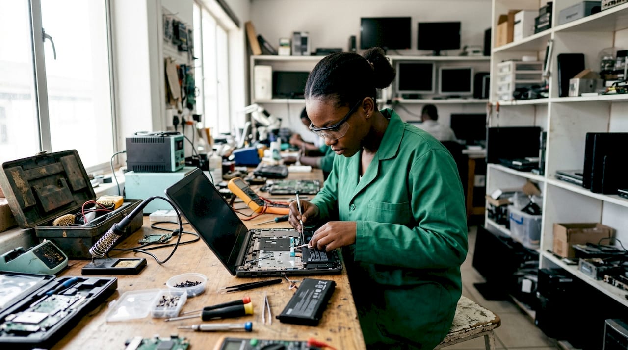 Technician repairing laptop battery components