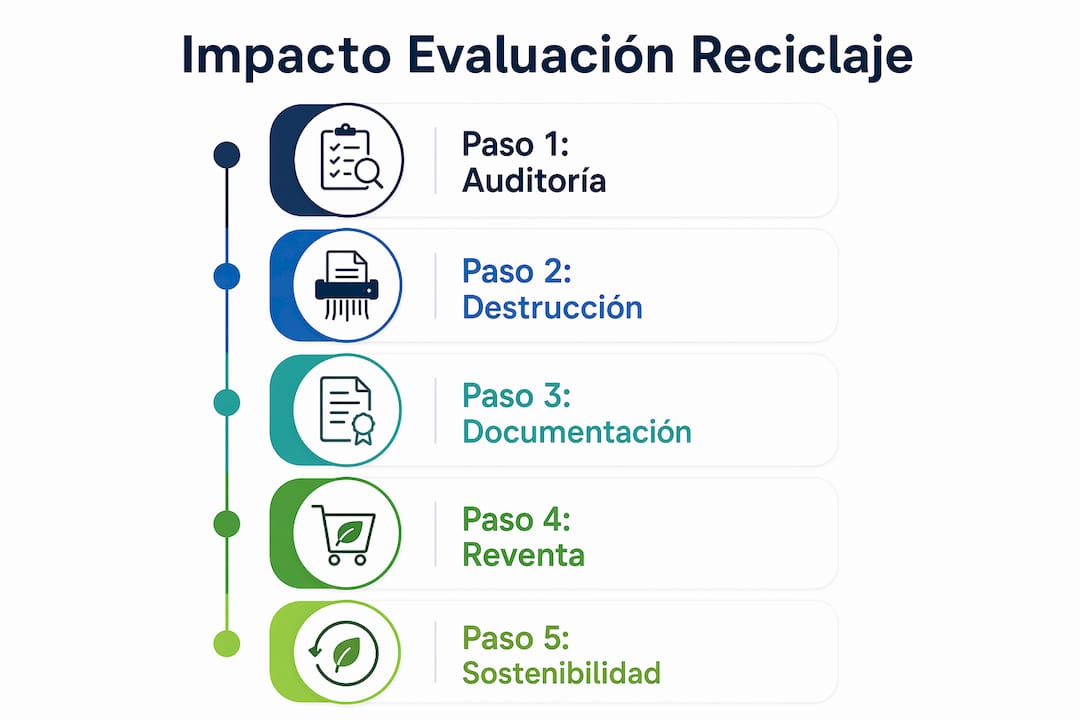 Infografía con los pasos esenciales para evaluar el proceso después de reciclar equipos de TI