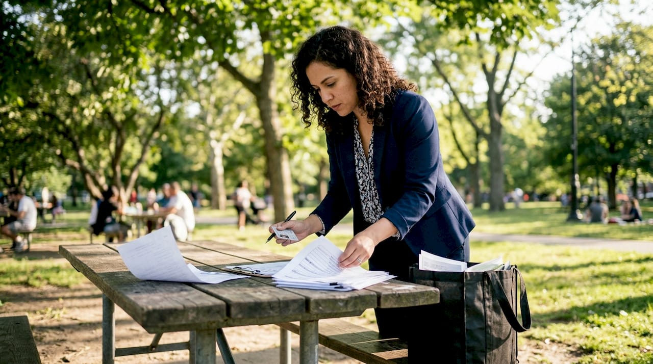 Woman verifying identity documents in office