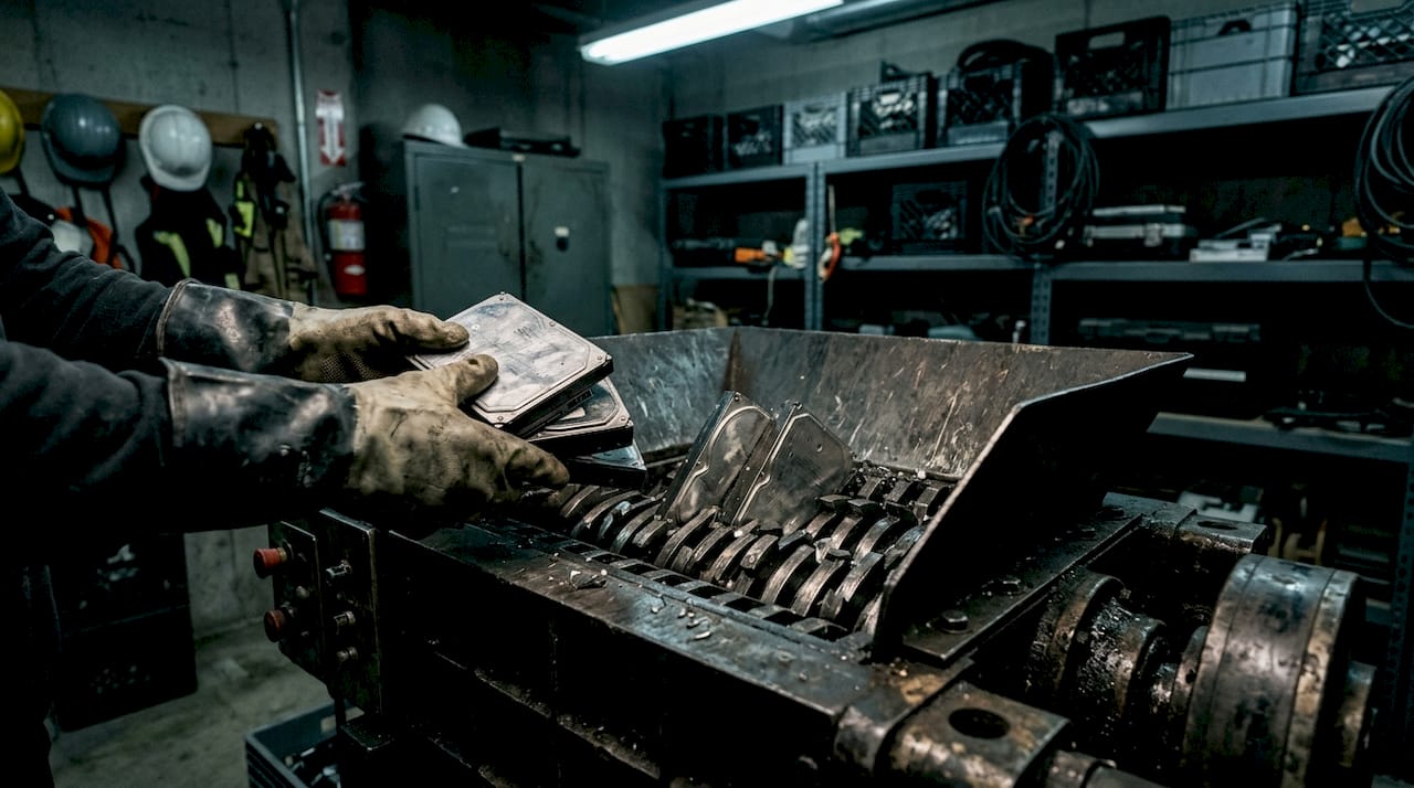 Hands shredding hard drives in warehouse
