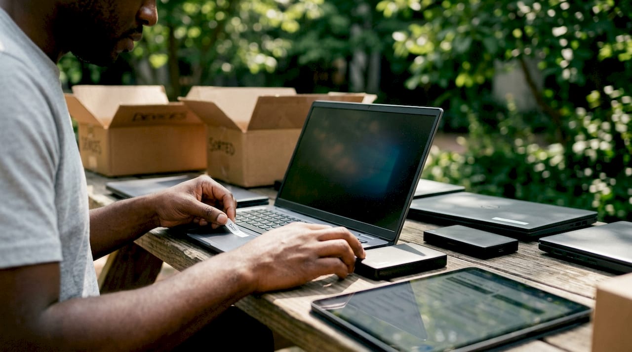 Hands labeling laptops for data mapping