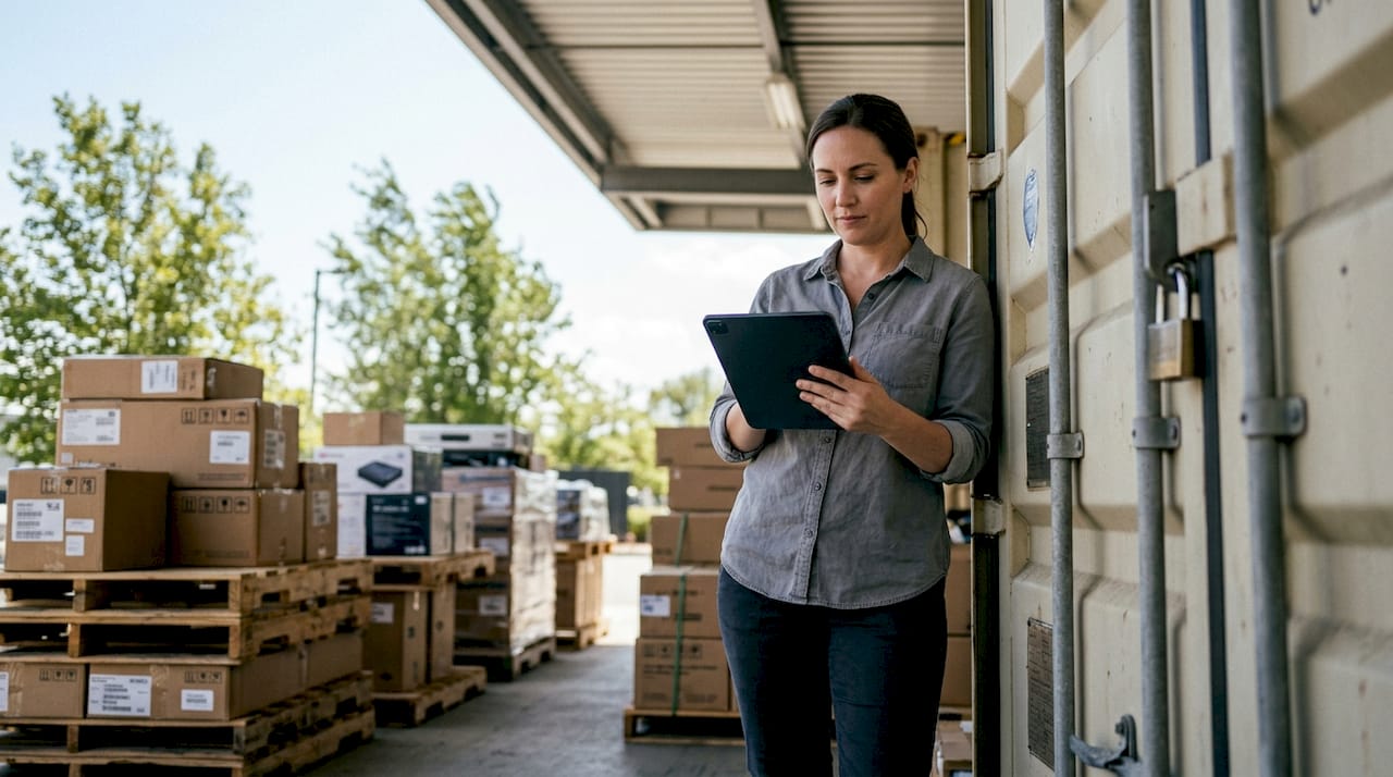 IT supervisor reviewing inventory in locked staging area