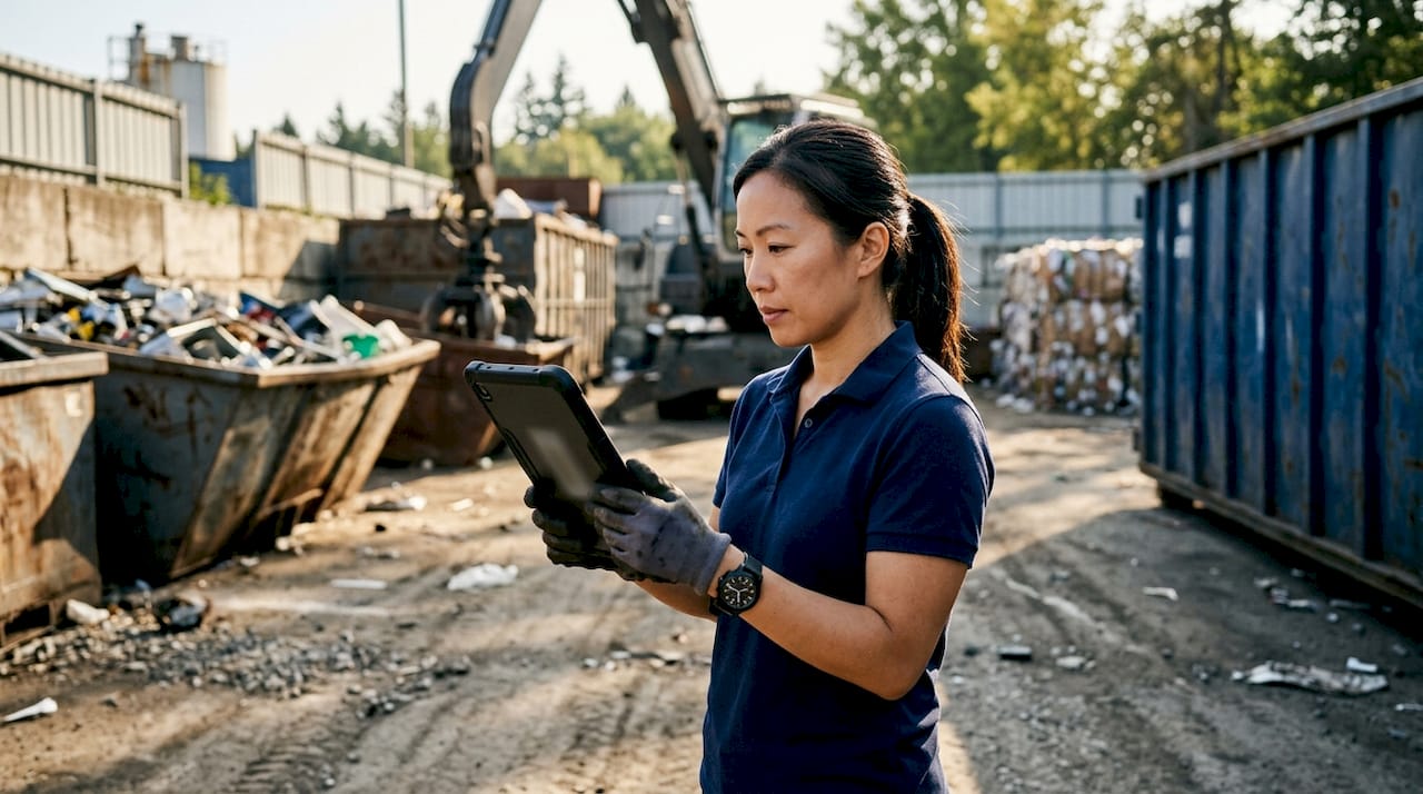 Hands holding tablet with asset tracking app at recycling plant