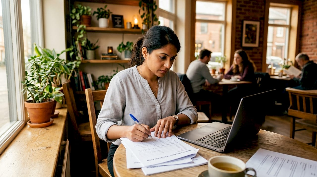 Hands typing on laptop and papers for compliance