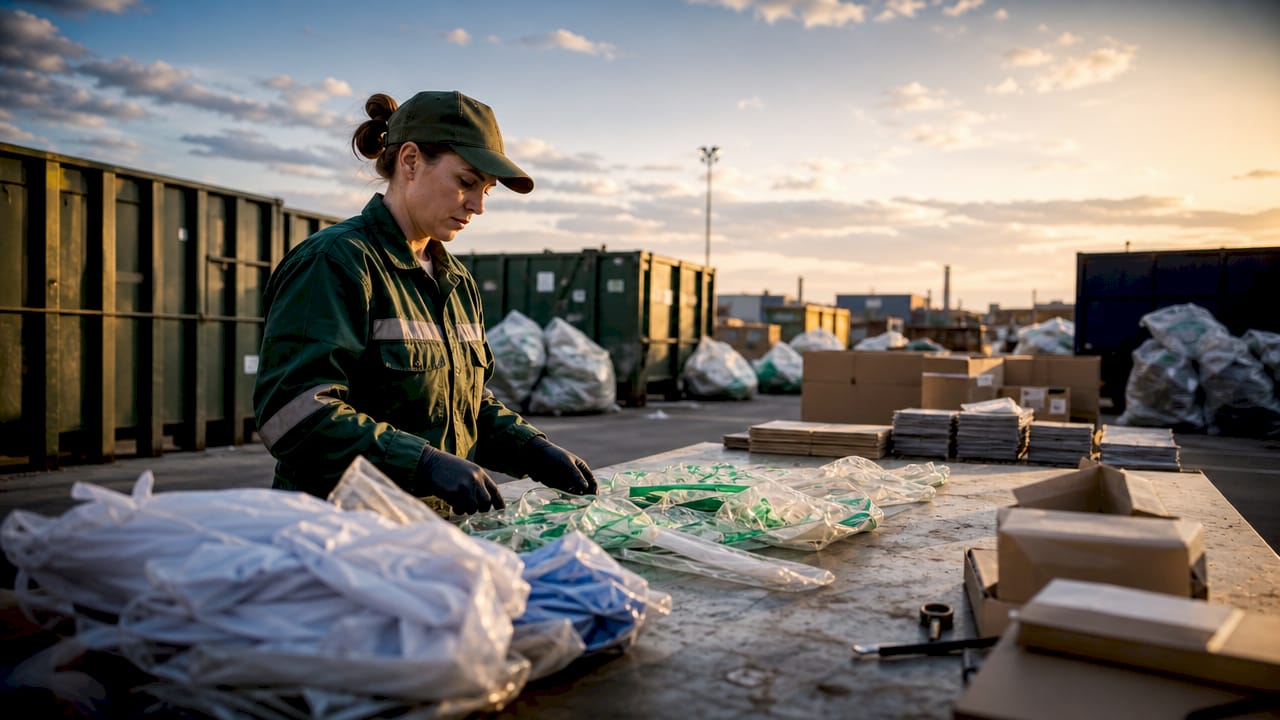 Hands preparing logistics packaging for mobile recycling