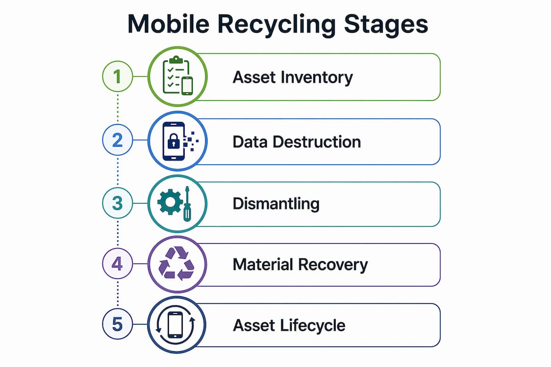 Infographic outlining stages of mobile device recycling process