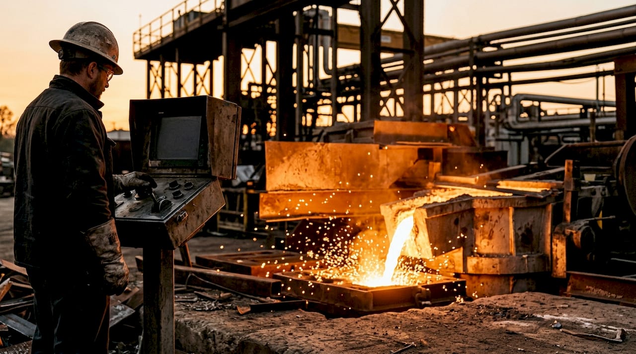 Trabajador supervisando el proceso de fundición de metales en una planta de reciclaje