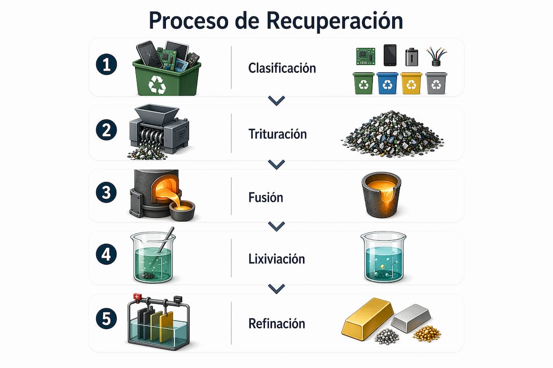 Infografía que muestra las diferentes fases del proceso para recuperar metales de residuos electrónicos.