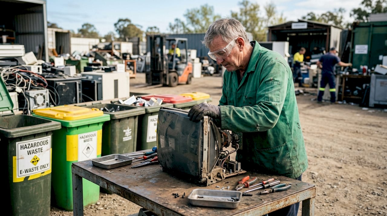 Technician handling hazardous electronic waste monitor