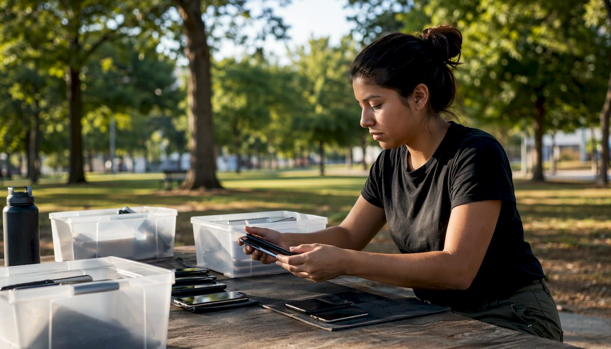 Unas manos organizan distintos dispositivos electrónicos sobre una mesa de trabajo.