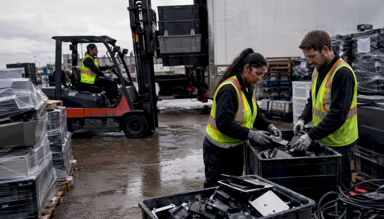 Workers loading e-waste bins onto truck at warehouse dock