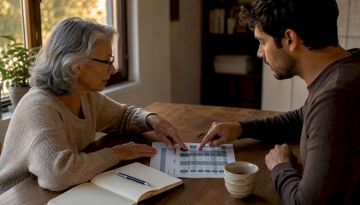 Varias manos apuntando a una tabla que compara diferentes opciones de reciclaje