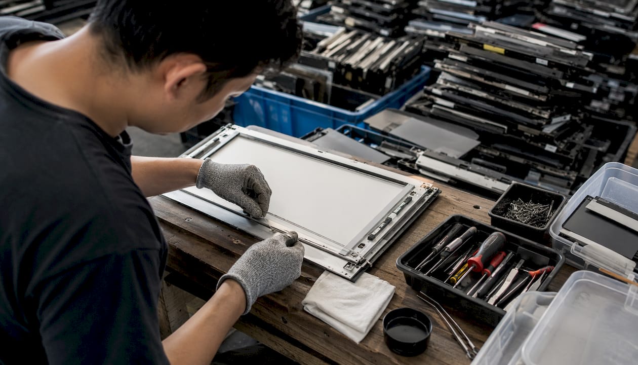 Technician delicately removing fragile CCFL from LCD screen