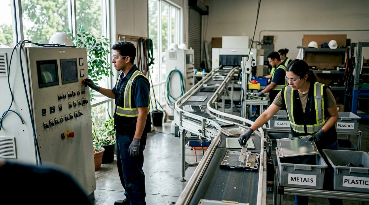 View of LCD recycling facility with workers and machinery