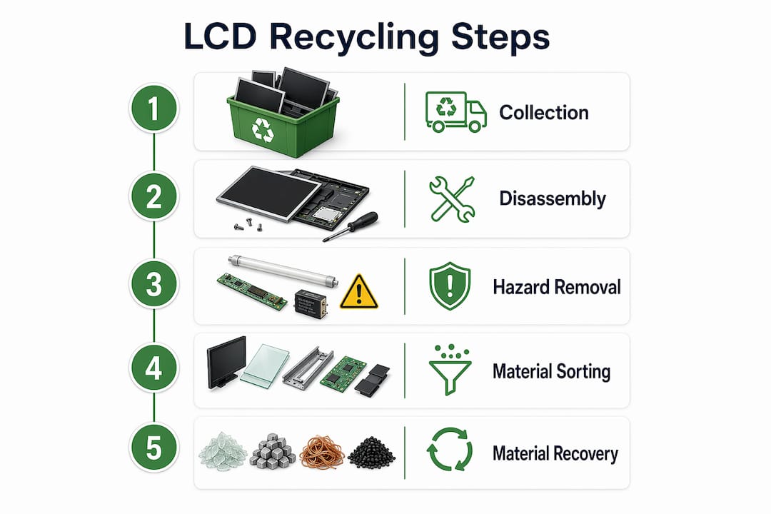 Infographic illustrating the steps in LCD recycling process