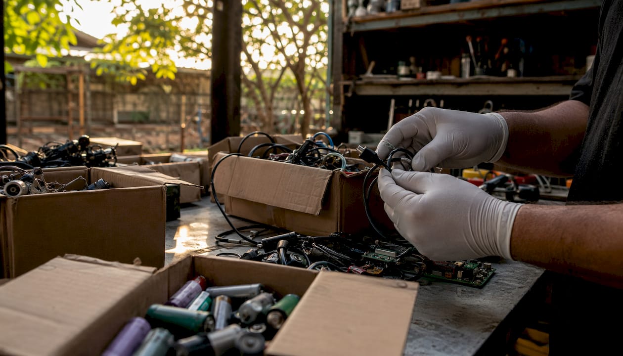 Manos seleccionando accesorios tecnológicos para reciclar