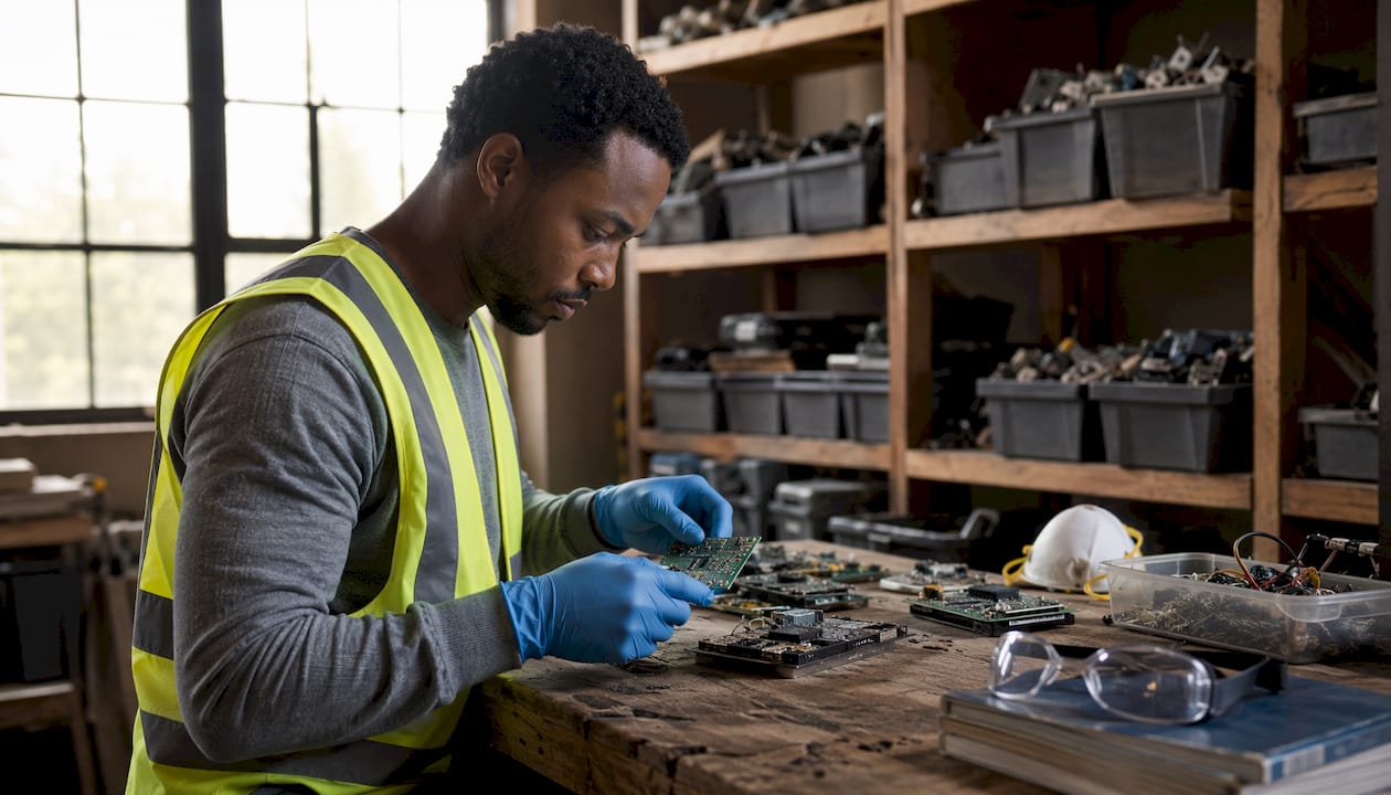 Hands sorting e-waste with gloves and PPE
