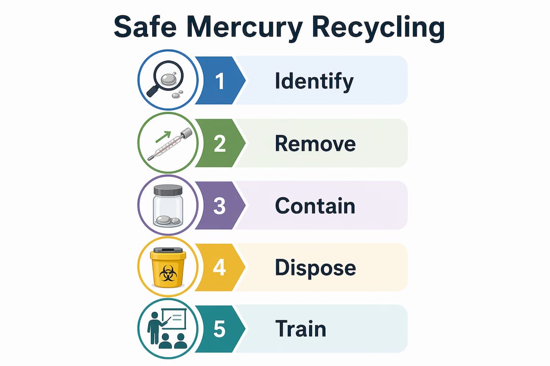 Infographic illustrating key steps in safe mercury management in electronics recycling
