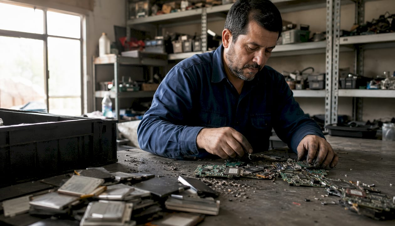 Personas separando componentes de aparatos electrónicos en un taller