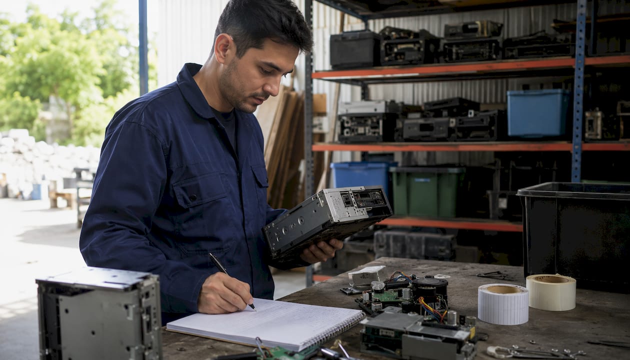 Personal revisando el inventario de residuos electrónicos en el almacén