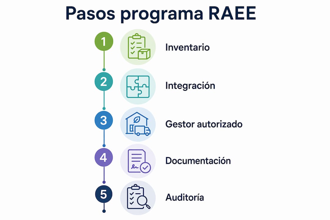 Infografía con las etapas esenciales para implementar un programa interno de gestión de RAEE