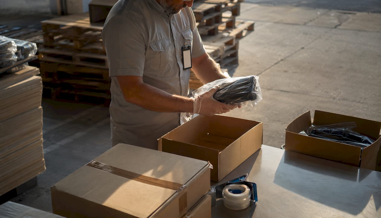 Hands sealing toner cartridges in packaging at loading dock