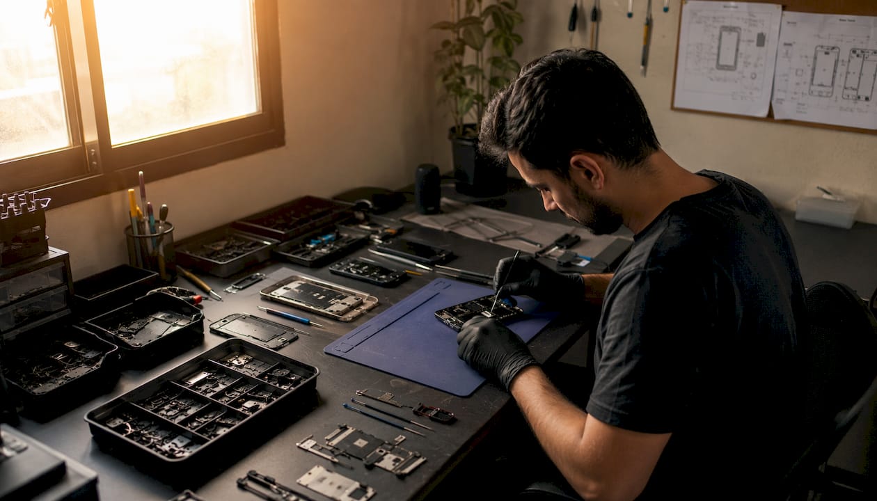 Técnicos desmontando dispositivos electrónicos con cuidado en un taller especializado