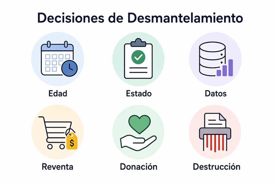 Infografía sobre cómo decidir cuándo desmontar, vender o donar equipos