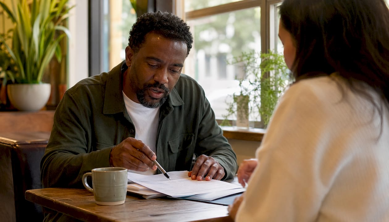 Man reviewing electronics return policies with colleague